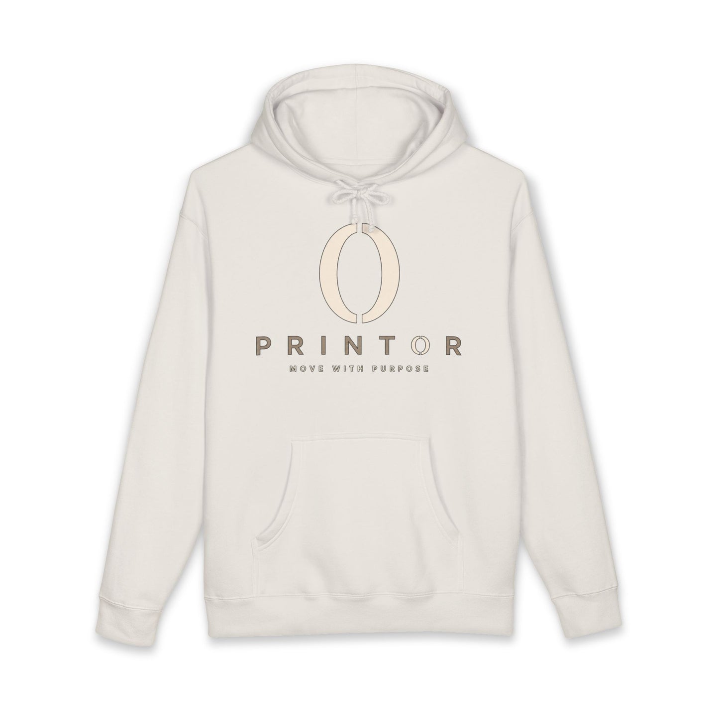 PRINTOR Logo Hoodie – Minimalist Cream Pullover ‘Move With Purpose’