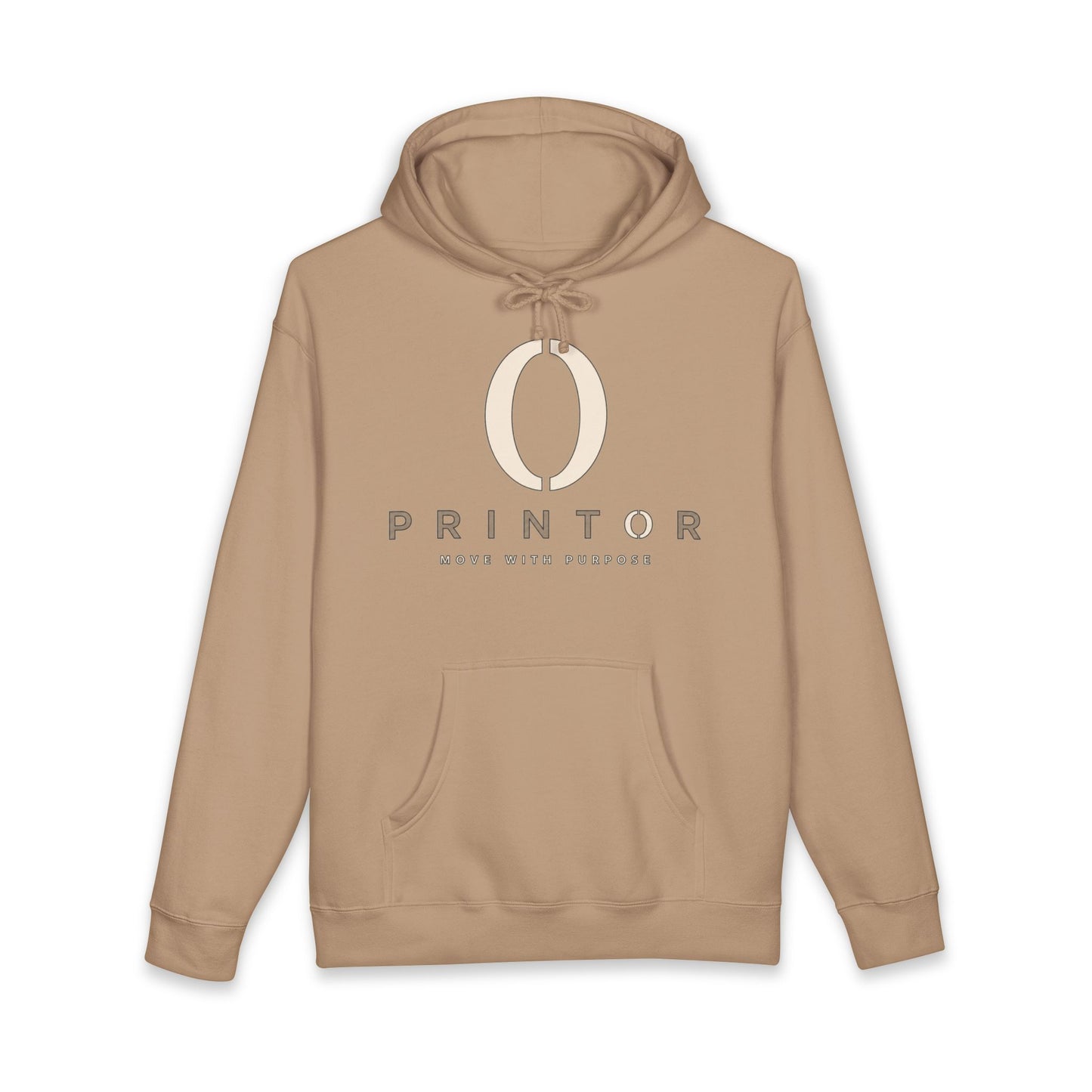 PRINTOR Logo Hoodie – Minimalist Cream Pullover ‘Move With Purpose’