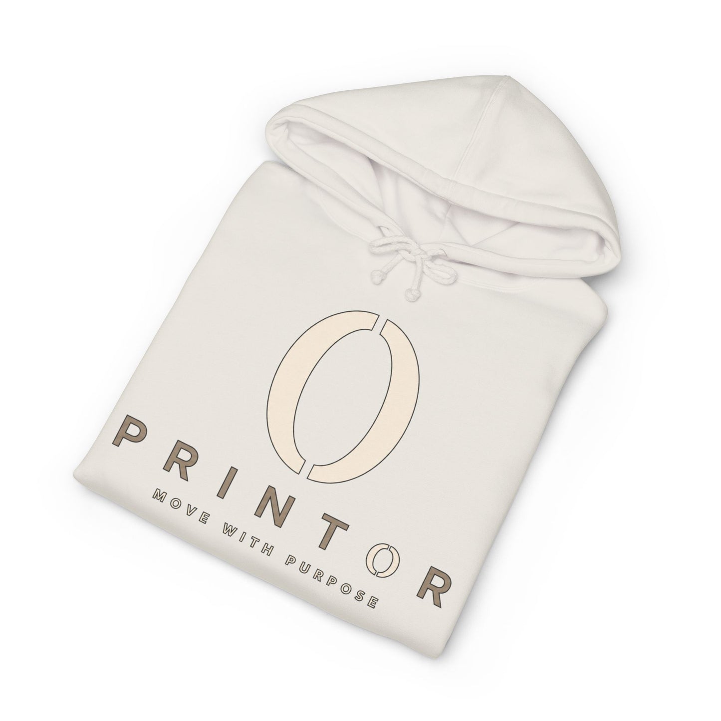 PRINTOR Logo Hoodie – Minimalist Cream Pullover ‘Move With Purpose’