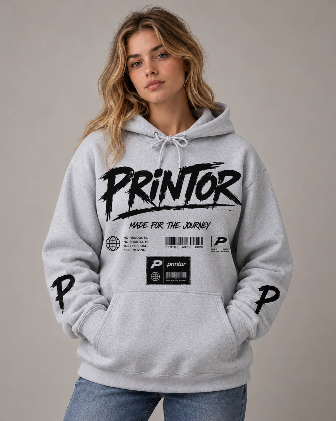 Female model wearing the PRINTOR SJ-001 Globe heavyweight hoodie in Grey Marle, front view showing chest and sleeve artwork.