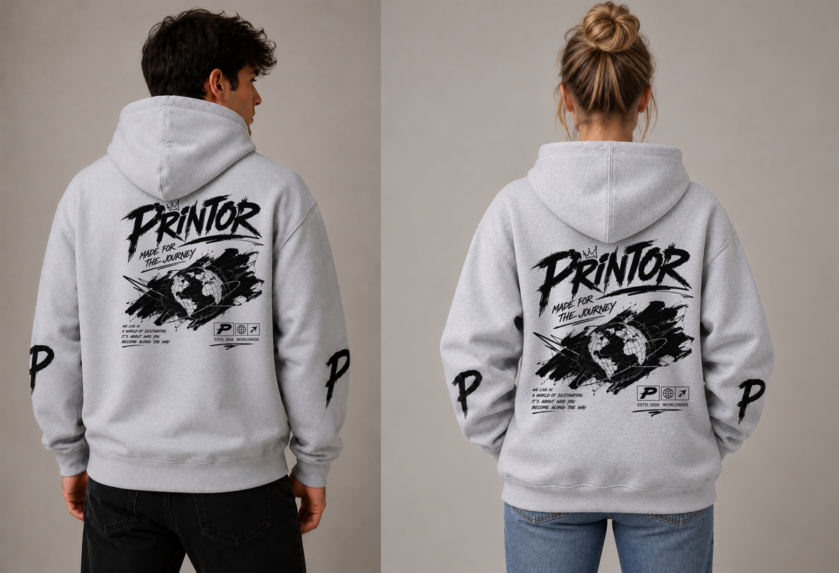 Male and female models wearing the unisex PRINTOR SJ-001 Globe heavyweight hoodie in Grey Marle, back view showing the centred Globe artwork.