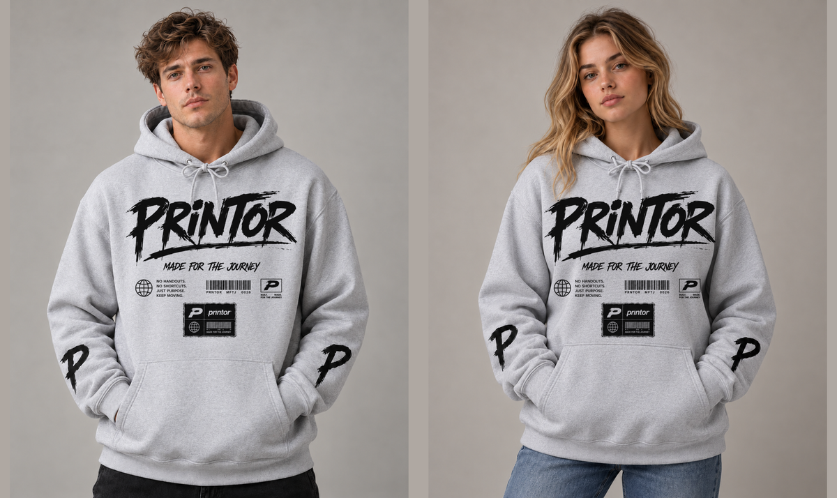Male and female models wearing the unisex PRINTOR SJ-001 Globe heavyweight hoodie in Grey Marle, front view.
