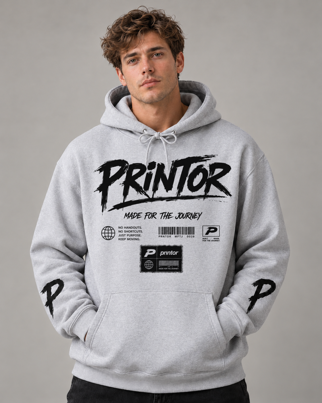 Male model wearing the PRINTOR SJ-001 Globe heavyweight hoodie in Grey Marle, front view showing chest and sleeve artwork.